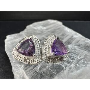 New Sterling Silver Trillion Amethyst Studs w Diamond Accents